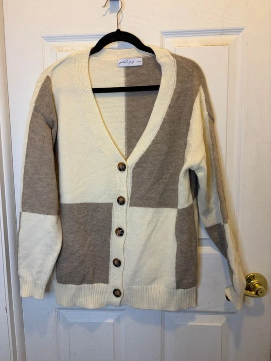 Petal & Pup Millie Check Cream & Taupe Oversized Colorblock Knit Cardigan - Picture 1 of 4